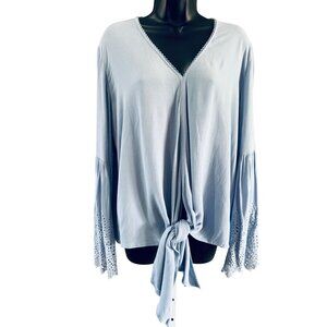 Womens Top M Powder Blue Bell Sleeve Crochet Lace Detail Tie Front